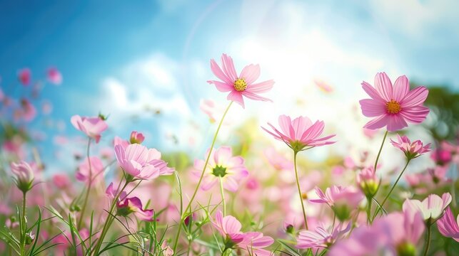 Cosmos Flowers in a Pink Field under a Blue Sky Fresh Morning Cosmos Flower