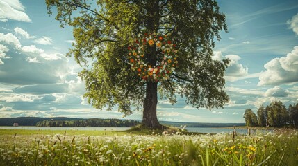 Adorned with a beautiful floral wreath the midsummer tree stands proudly in Sweden