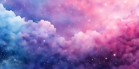 Fototapeta premium Watercolor sky with clouds and stars, dreamy, soft blue purple and pink color background , banner 