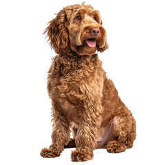 Happy Curly Coated Brown Labradoodle Sitting, Isolate, PNG.
