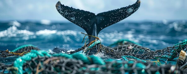 A closeup of a whales tail entangled in a mass of plastic ropes and debris, with the ocean in the background