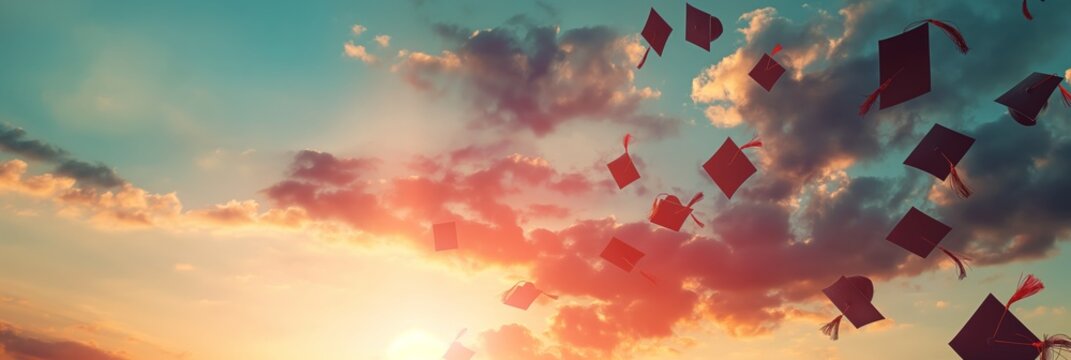 Celebrating academic achievement with graduation caps tossed up against a sunset sky