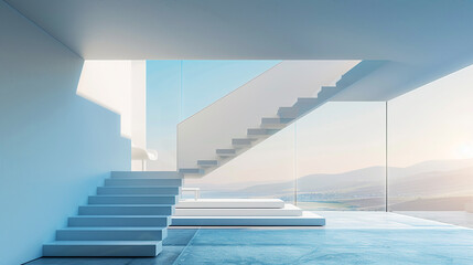 Cantilever staircase in a home, powder blue, photographed with minimalist style.