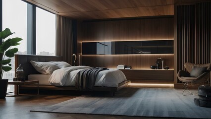 Modern bedroom with wooden paneling and bed. Generative AI