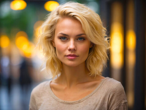 Photo of a beautiful blonde woman with medium short hair, AI Generative 