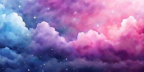 Watercolor sky with clouds and stars, dreamy, soft blue purple and pink color background , banner	