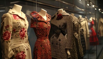 Illustrate a museum display of vintage clothing and accessories, tracing the evolution of fashion through the decades with an extensive collection
