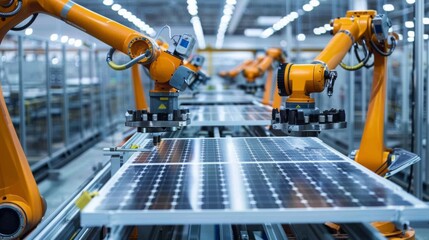 A factory with robots working on solar panels