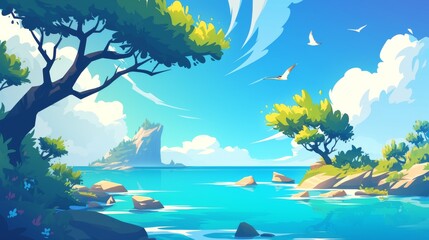 Seascape with sea, island and seagull. illustration