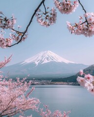 Mount Fuji, the iconic snow-capped volcanic peak in Japan, framed by cherry blossom trees in full bloom. The pink blossoms contrast beautifully with the blue water of a lake or river in the foreground
