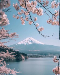 Mount Fuji, the iconic snow-capped volcanic peak in Japan, framed by cherry blossom trees in full bloom. The pink blossoms contrast beautifully with the blue water of a lake or river in the foreground