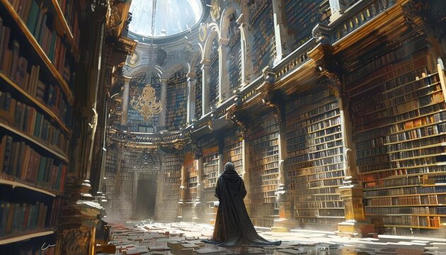 Illustrate a secretive monastery library where the Holy Grail is hidden among ancient texts, guarded by monks