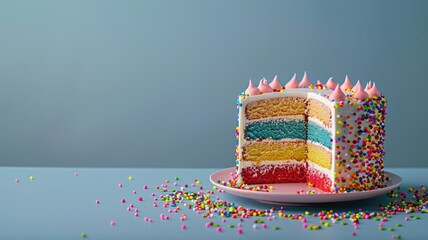 Colorful layered birthday cake with sprinkles on plate against blue background
