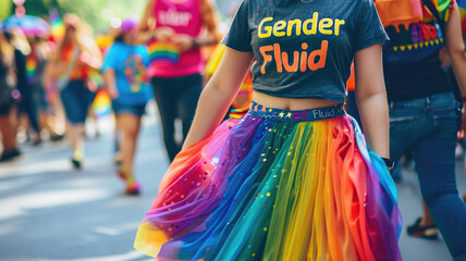 Person wearing "Gender Fluid" shirt and colorful skirt at pride parade
