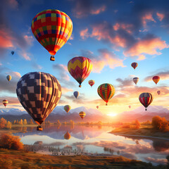 Colorful hot air balloons taking off at sunrise. 