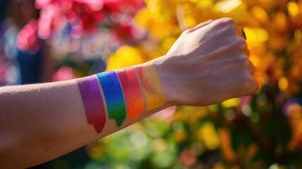 Arm with rainbow paint representing LGBT pride against floral backdrop