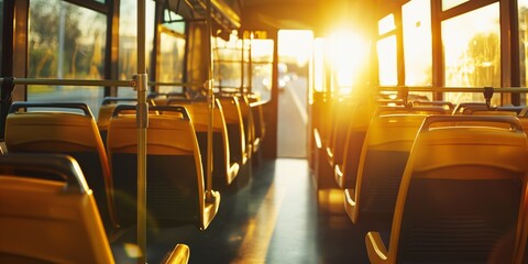Warm sunlight pours through a public bus, highlighting empty seats and creating an inviting atmosphere