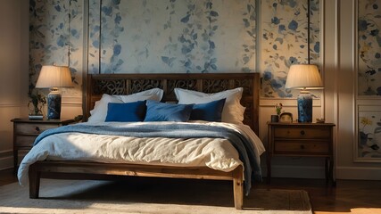 A cozy rustic wooden bed adorned with blue pillows, softly illuminated by warm sunlight filtering through lace curtains