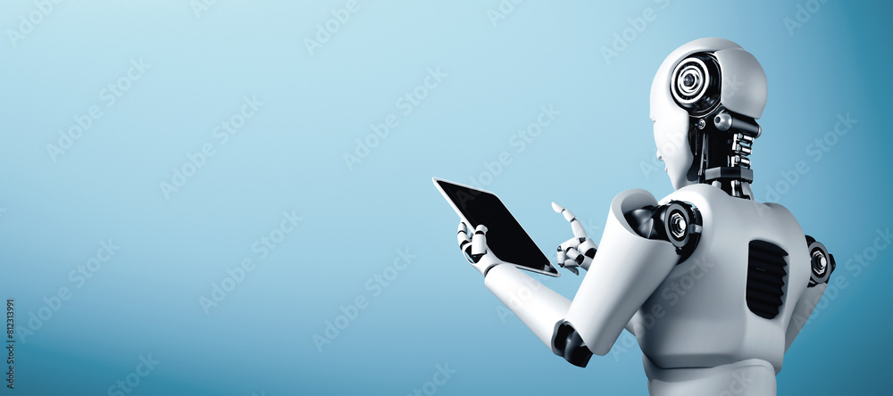 Poster mlp 3d illustration robot humanoid using tablet computer in future office while using ai thinking br