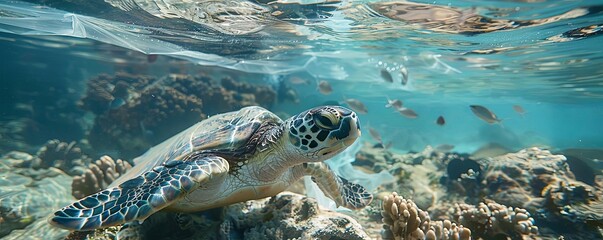 Obraz premium A sea turtle entangled in a large piece of plastic sheeting, with other marine life visible in the background