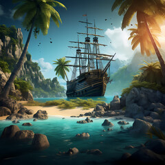 Obraz premium Tropical island with a hidden pirate treasure.