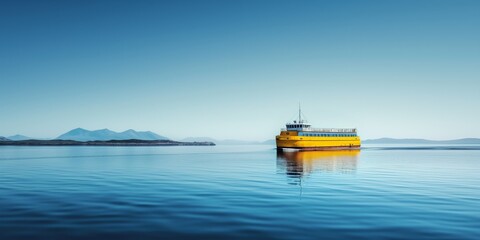 A tranquil sea with a bright yellow ferry, mountains in the background evoke a sense of calm and travel