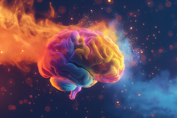 Human brain explodes with splashes of colorful particles. Represents creativity, innovation, imagination, and ideas for art and knowledge	
