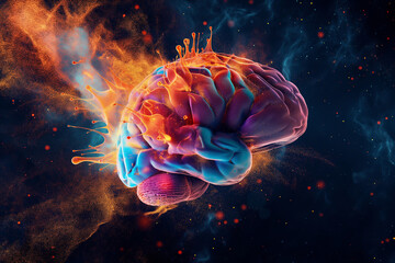 Human brain explodes with splashes of colorful particles. Represents creativity, innovation, imagination, and ideas for art and knowledge	
