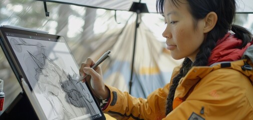 designer drawing sketching, A digital artist creating design on computer,