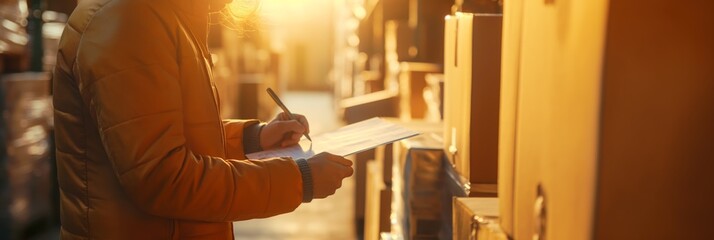 A close up of a person writing on a clipboard, bathed in the warm glow of sunset or sunrise light
