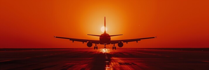 A commercial jet is directly under a blazing sun on the runway, poised for departure in the golden hour