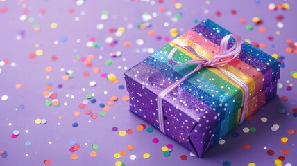 Fototapeta premium Colorful gift box with ribbon on purple background scattered confetti