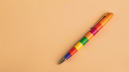 Multicolored pen lying on tan surface, casting shadow