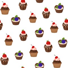 Vector seamless pattern with vanilla and cupcakes, cupcakes with chocolate, cherry, strawberry, cream, pink cream frosting in cartoon style