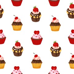 Vector seamless pattern with vanilla and cupcakes, cupcakes with chocolate, cherry, strawberry, cream, pink cream frosting in cartoon style