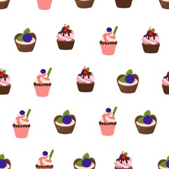 Vector seamless pattern with vanilla and cupcakes, cupcakes with chocolate, cherry, strawberry, cream, pink cream frosting in cartoon style