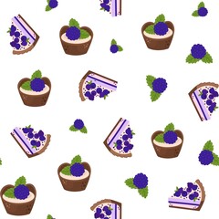 Vector seamless pattern with vanilla and cupcakes, cupcakes with chocolate, cherry, strawberry, cream, pink cream frosting in cartoon style