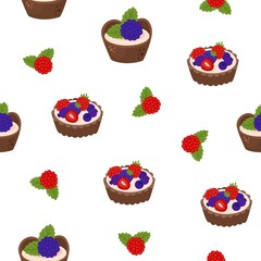 Vector seamless pattern with vanilla and cupcakes, cupcakes with chocolate, cherry, strawberry, cream, pink cream frosting in cartoon style