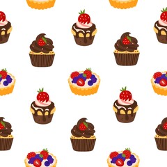 Vector seamless pattern with vanilla and cupcakes, cupcakes with chocolate, cherry, strawberry, cream, pink cream frosting in cartoon style