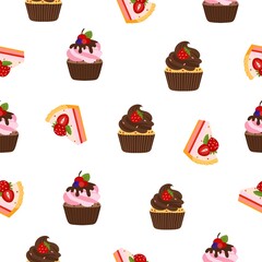 Vector seamless pattern with vanilla and cupcakes, cupcakes with chocolate, cherry, strawberry, cream, pink cream frosting in cartoon style