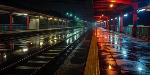 Gleaming wet surfaces reflect the station's lights in this moody image of an empty train station at night