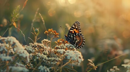 Checkerspot butterfly resting on a wildflower