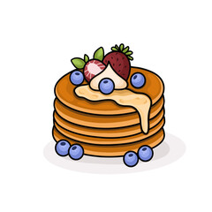 Vector illustration of pancakes, pancakes with fruits and cream. Sweet delicious breakfast.