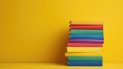 Stack of colorful books on yellow background