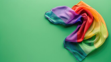 Multicolored rainbow scarf laid out on green background