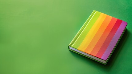 Colorful striped notebook closed on green surface - Powered by Adobe