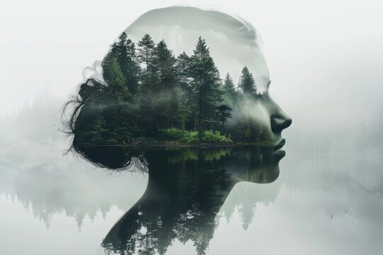Double exposure of womans face and forest symbolizing unity of nature, with lake on her head
