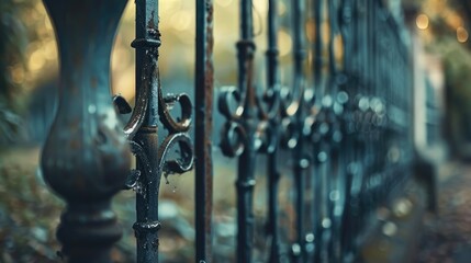 Close up of an old iron fence in vintage style on a blurry background - Powered by Adobe