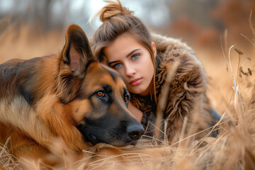 German shepherd is resting with his owner girl in restful environment AI Generative