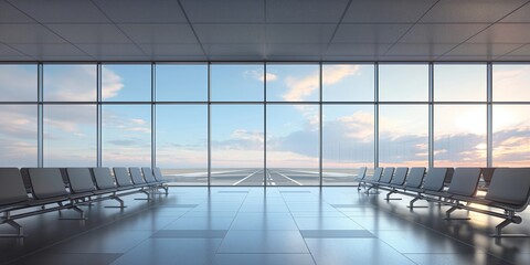 A deserted airport terminal with rows of seats facing large windows that showcase a beautiful sunrise